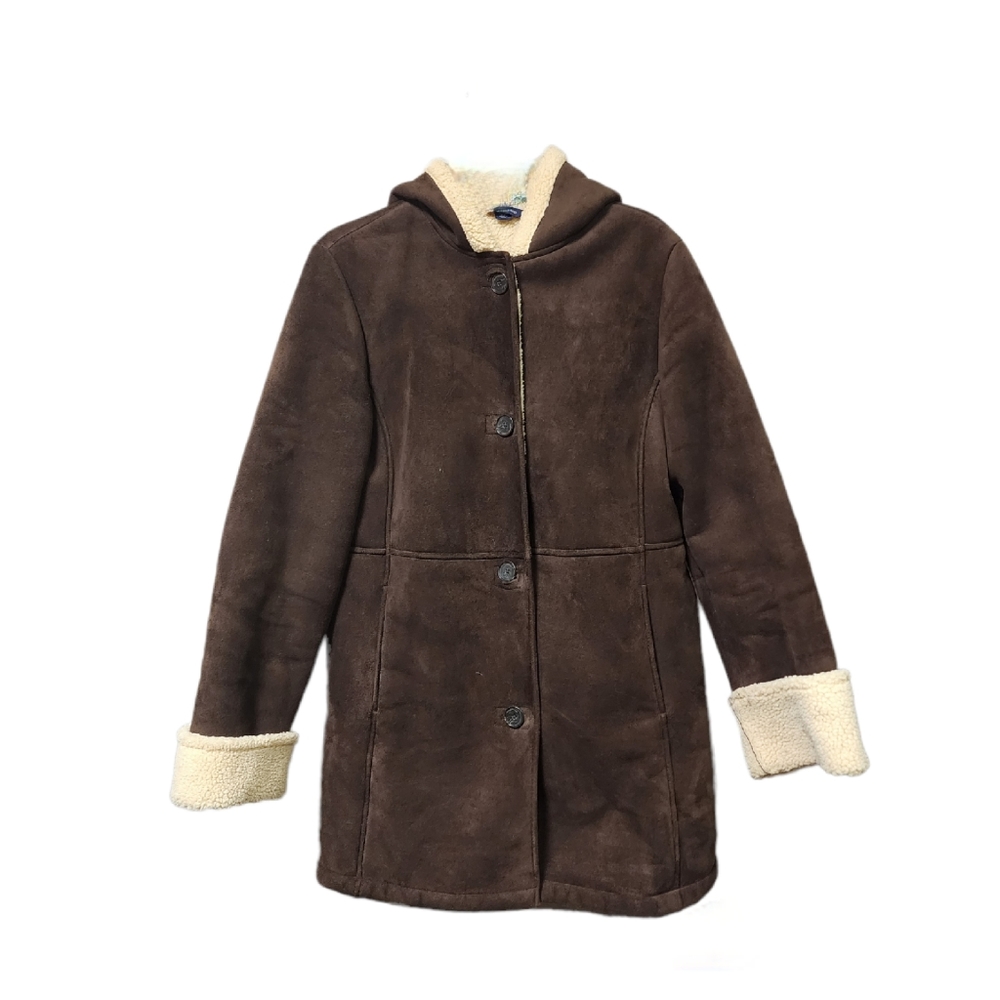 Land's End Women's Faux Suede Shearling Sherpa Lined Hooded Coat Size M